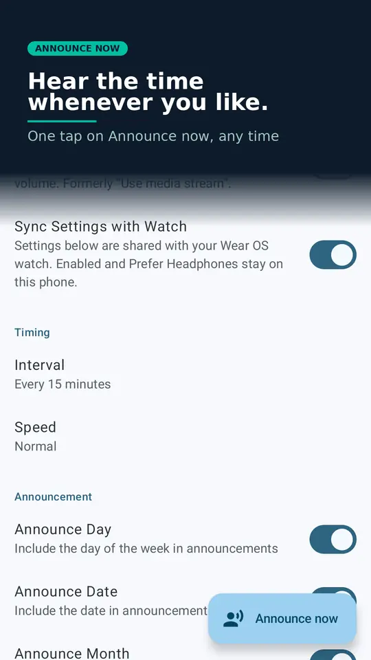 Talking Clock's Announce now button: hear the time whenever you like with one tap