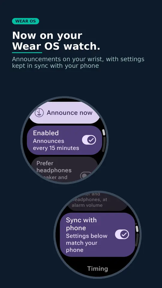 Talking Clock on a Wear OS watch: announcements on your wrist, with settings kept in sync with your phone