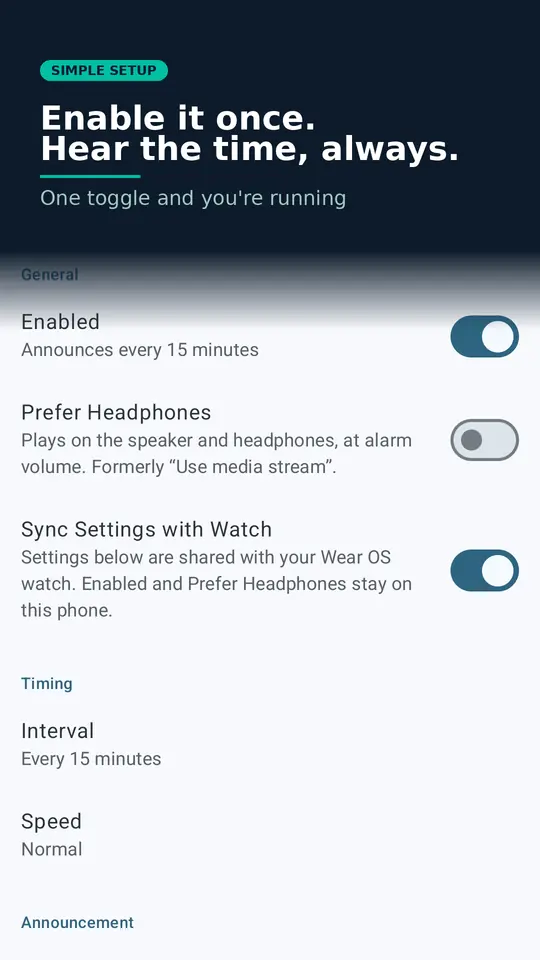Talking Clock home screen: one toggle to enable hands-free time announcements at your chosen interval
