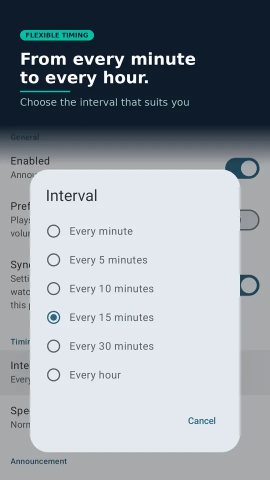 Talking Clock interval picker: choose 1, 5, 10, 15 or 30 minutes, or hourly
