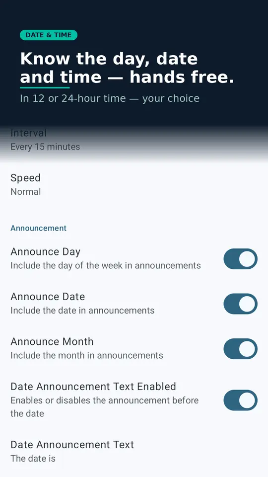 Talking Clock date settings: optionally include the day, date and month alongside every time announcement
