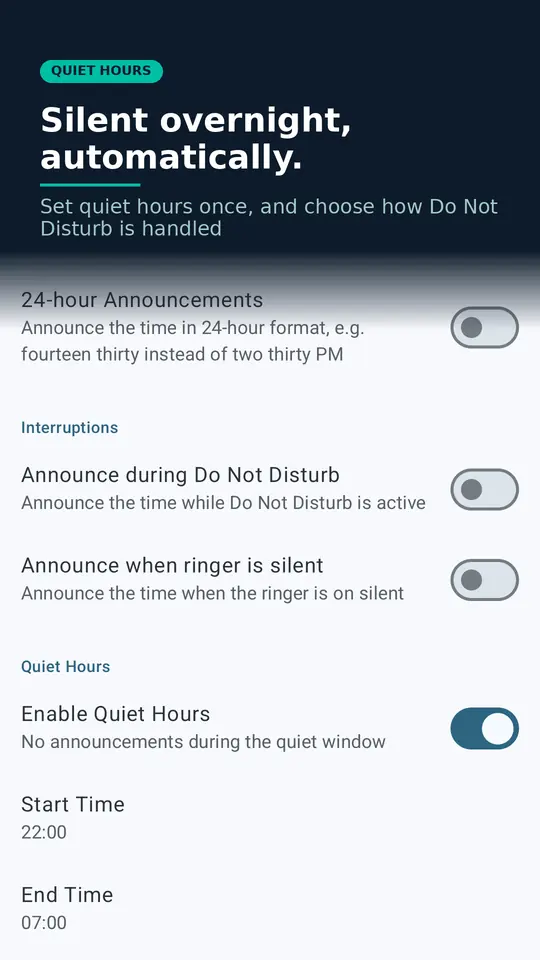Talking Clock quiet hours and interruption settings: silence announcements overnight and choose how Do Not Disturb is handled