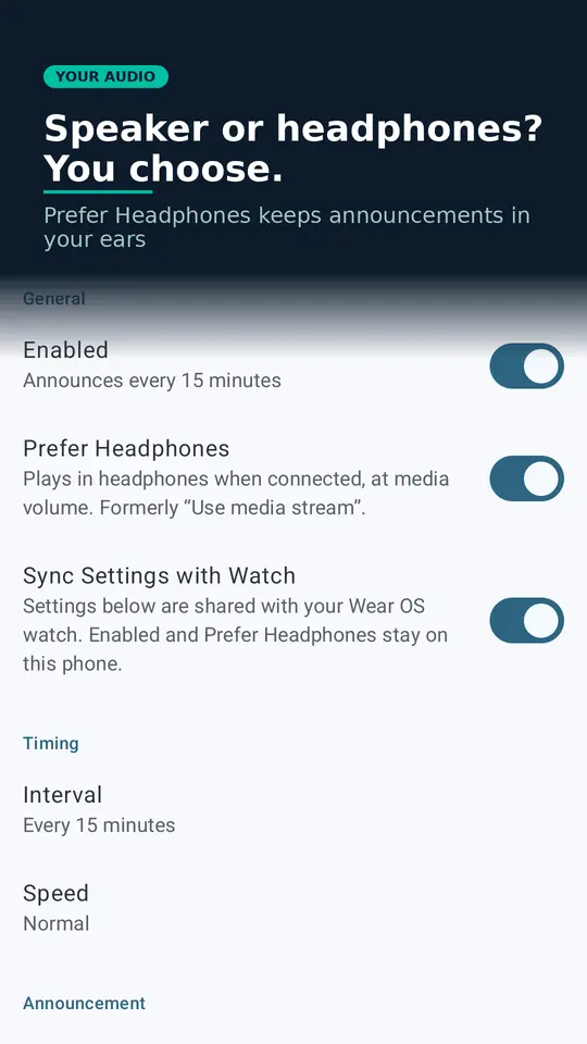 Talking Clock's Prefer Headphones setting: choose whether announcements play through your headphones or the speaker