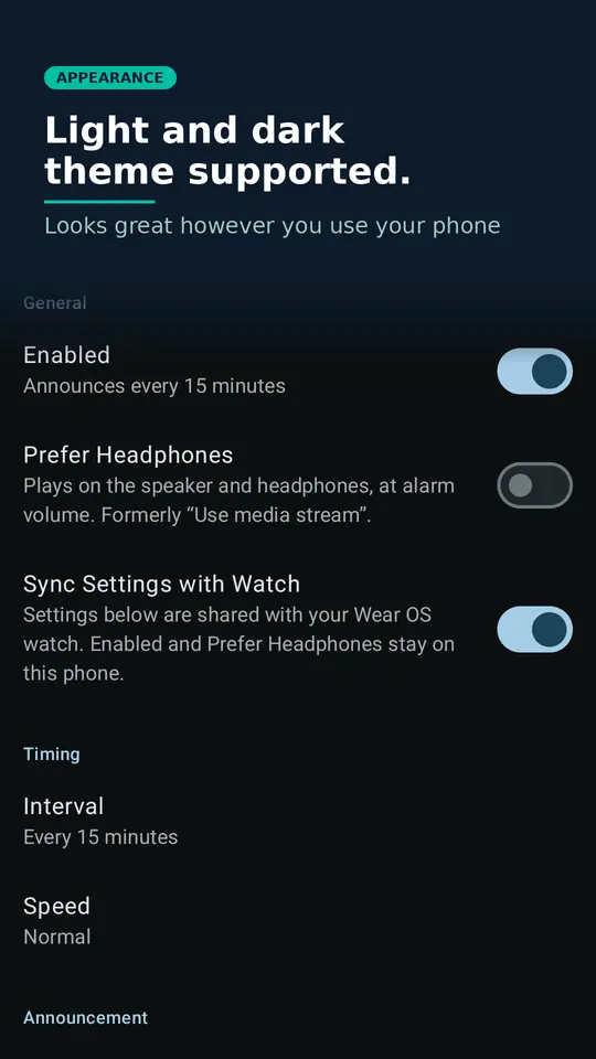 Talking Clock dark theme: light and dark theme supported, looks great however you use your phone