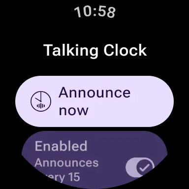 Talking Clock on a Wear OS watch, showing the Announce now button above the Enabled switch