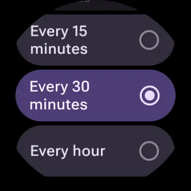 The watch interval picker, showing the options for every 15 minutes, every 30 minutes and every hour