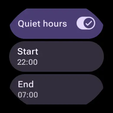 Watch Quiet hours switch with start and end times