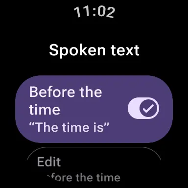 Watch setting for the spoken text before the time, with an Edit option