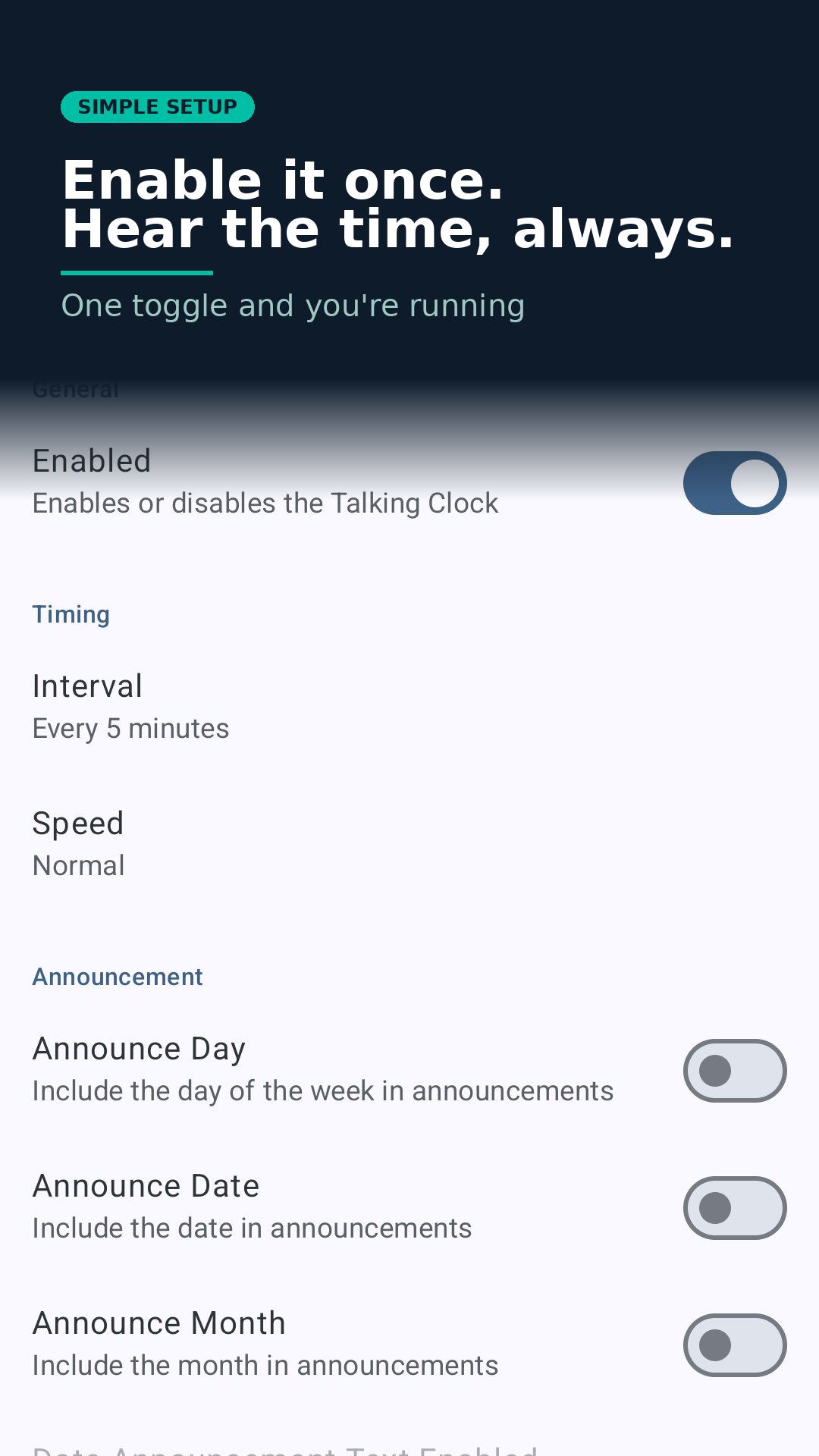 Talking Clock home screen — one toggle to enable hands-free time announcements at your chosen interval