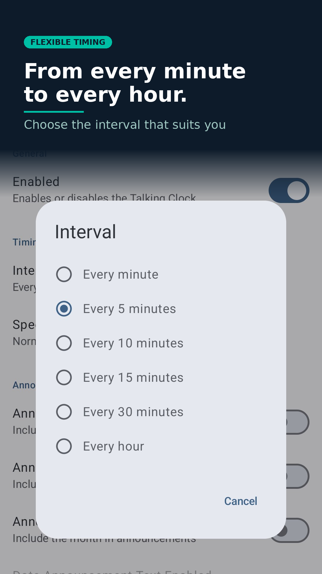 Talking Clock interval picker — choose announcements from every minute to every hour