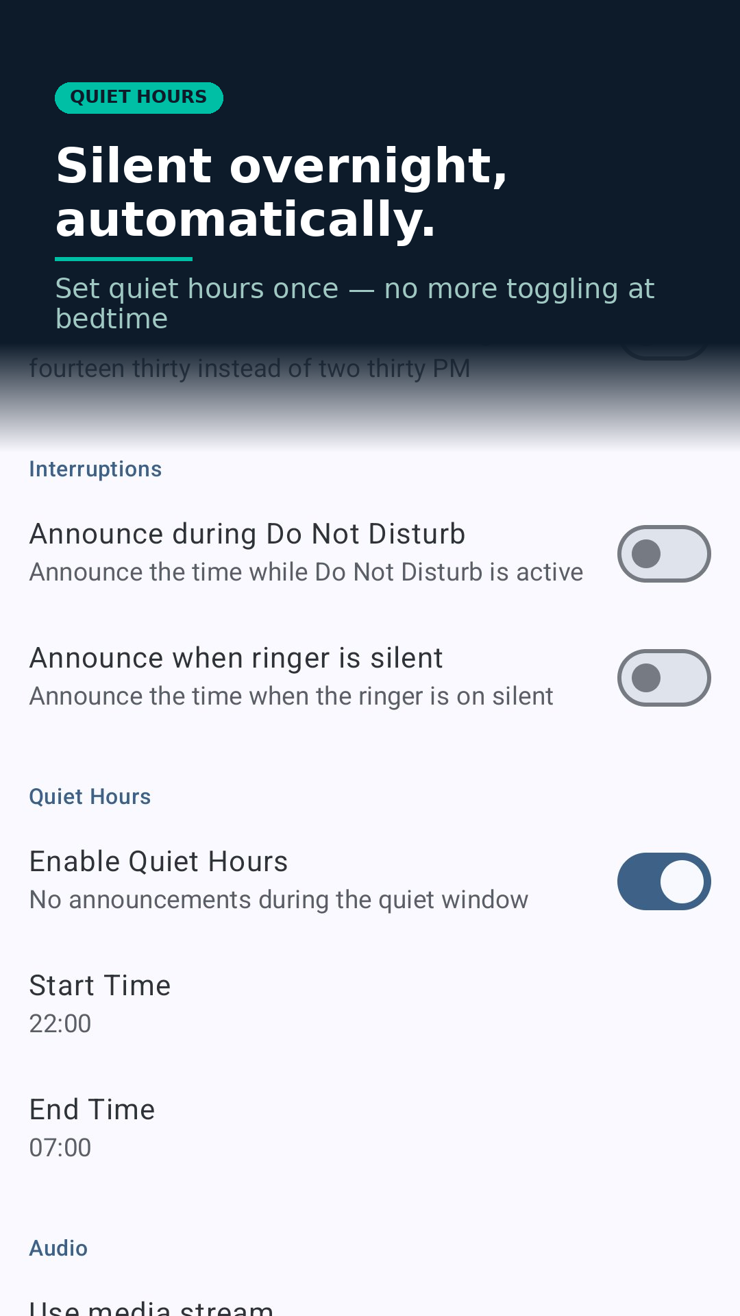Talking Clock quiet hours — set a start and end time to silence announcements automatically overnight