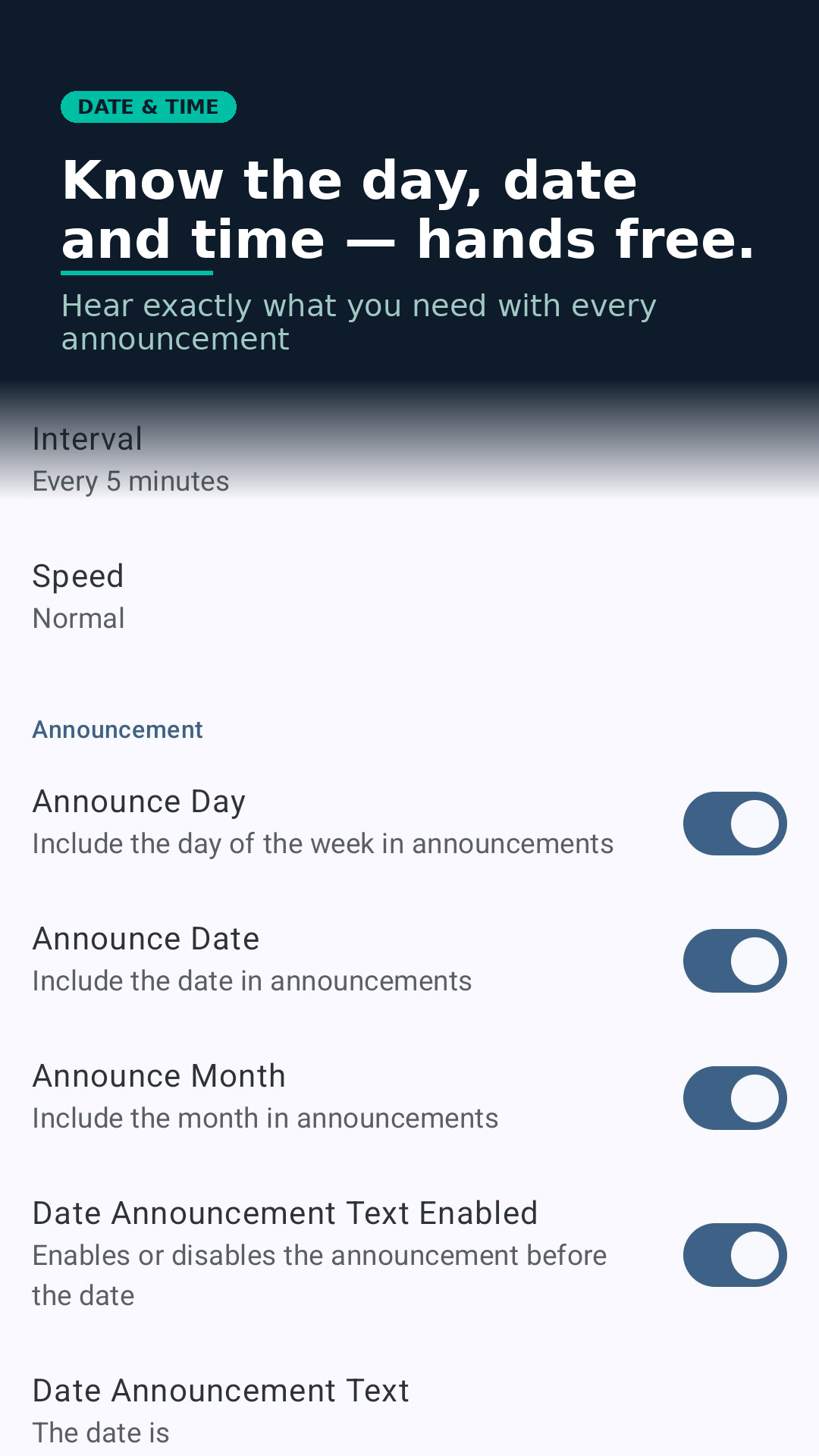 Talking Clock date settings — optionally include the day, date and month alongside every time announcement