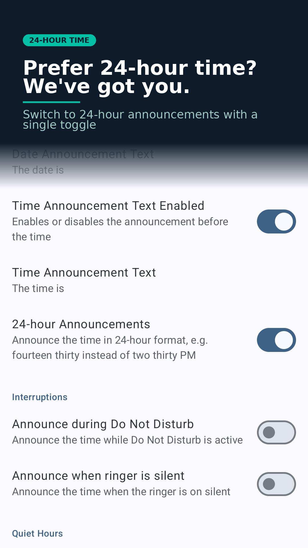 Talking Clock 24-hour time — switch to 24-hour format with a single toggle