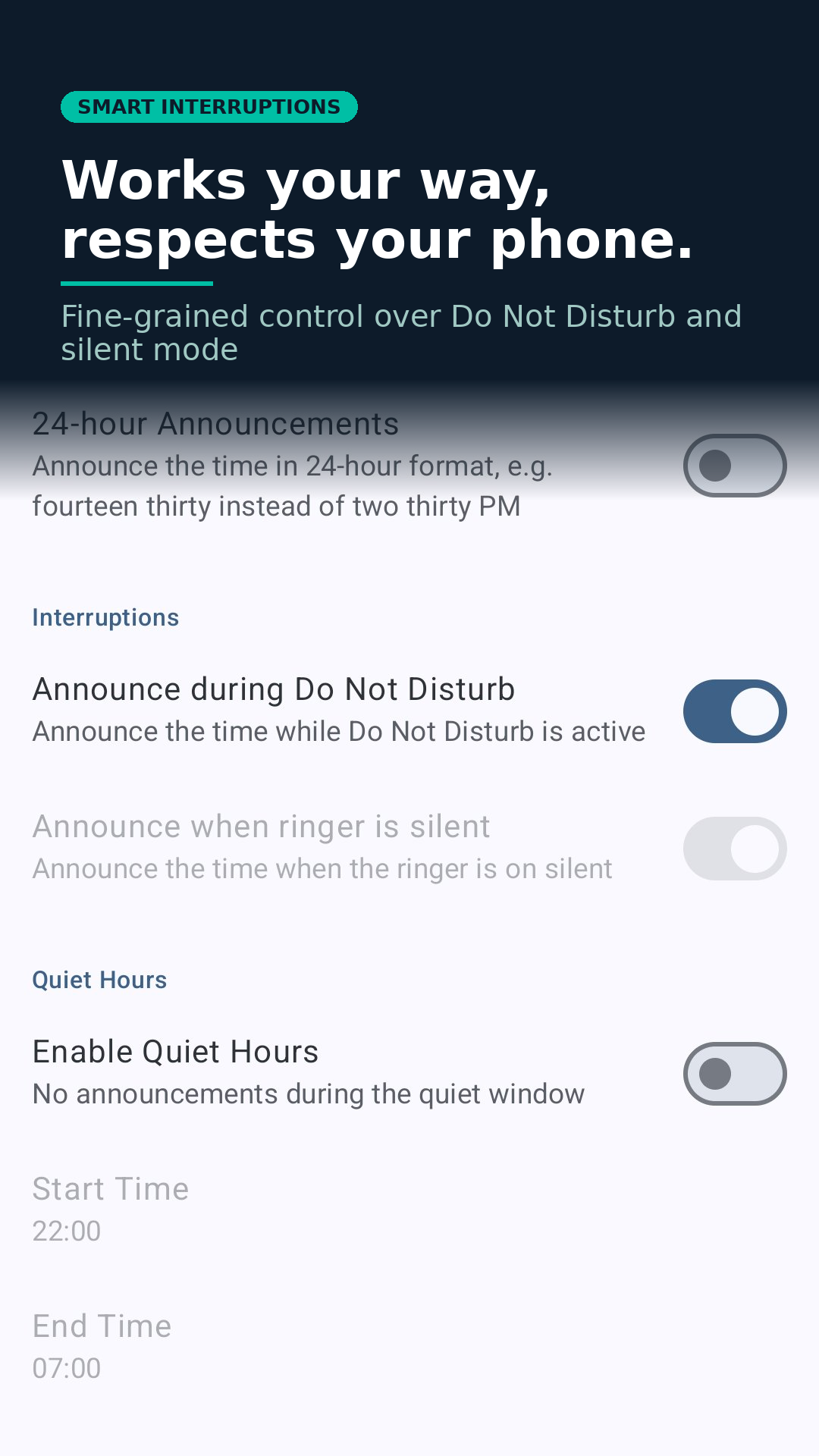 Talking Clock interruption settings — fine-grained control over Do Not Disturb and silent mode