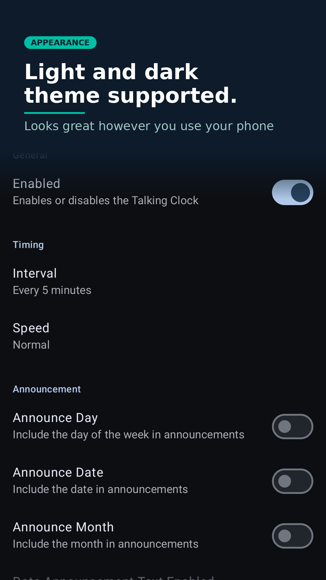 Talking Clock dark theme — light and dark theme supported, looks great however you use your phone